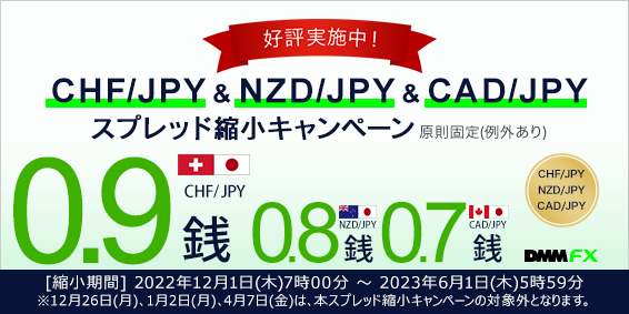 【DMM.com証券】CHF/JPY、NZD/JPY、CAD/JPYにてスプレッド縮小キャンペーンを開催！のメイン画像